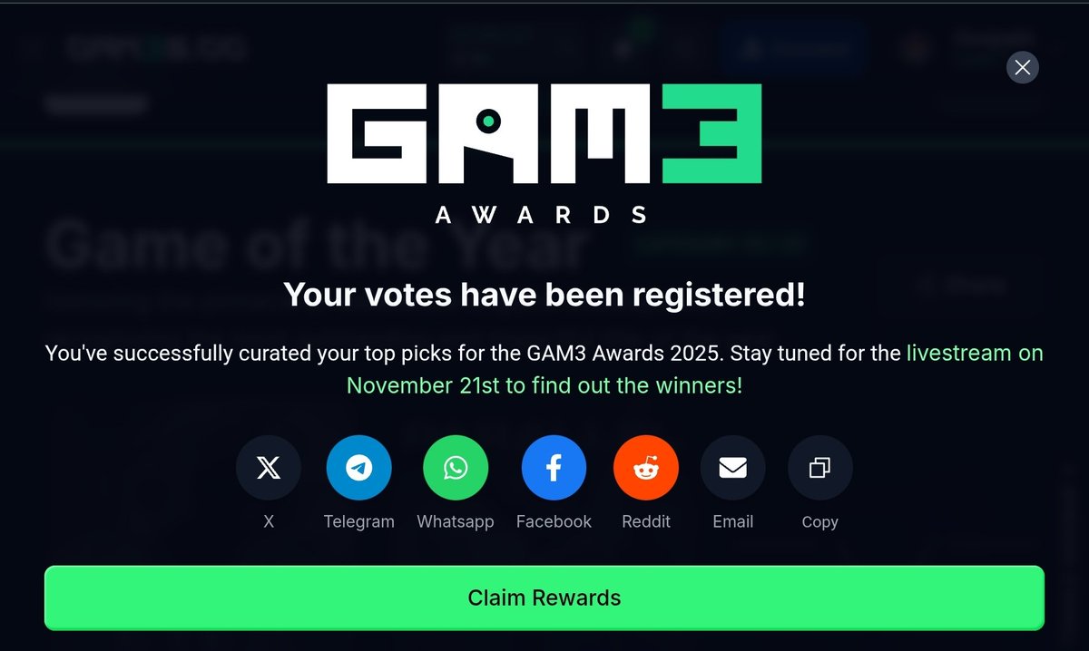 I have completed my voting <a href="/GAM3Sgg_/">GAM3S.GG</a> and claimed my rewards... what are you waiting for?

Vote <a href="/LumiterraGame/">Lumiterra (mainnet arc)</a> for the best adventure game

Vote <a href="/PlayPudgyParty/">Pudgy Party</a> for best mobile game

Vote <a href="/AnichessGame/">Anichess</a> for best strategy game

A few days left to vote... Go all in now, support your