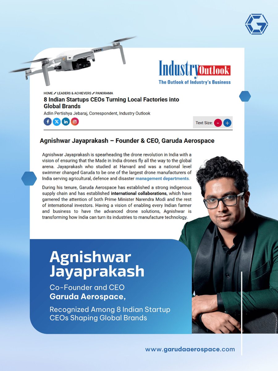garuda_india's tweet image. From building India’s drone revolution to shaping a global tech movement.
Agnishwar Jayaprakash, Founder &amp;amp; CEO of Garuda Aerospace, is recognized among India’s Top 8 Startup CEOs turning innovation into impact. 🌍

@AgnishwarJ
@theindustryout1
#GarudaAerospace