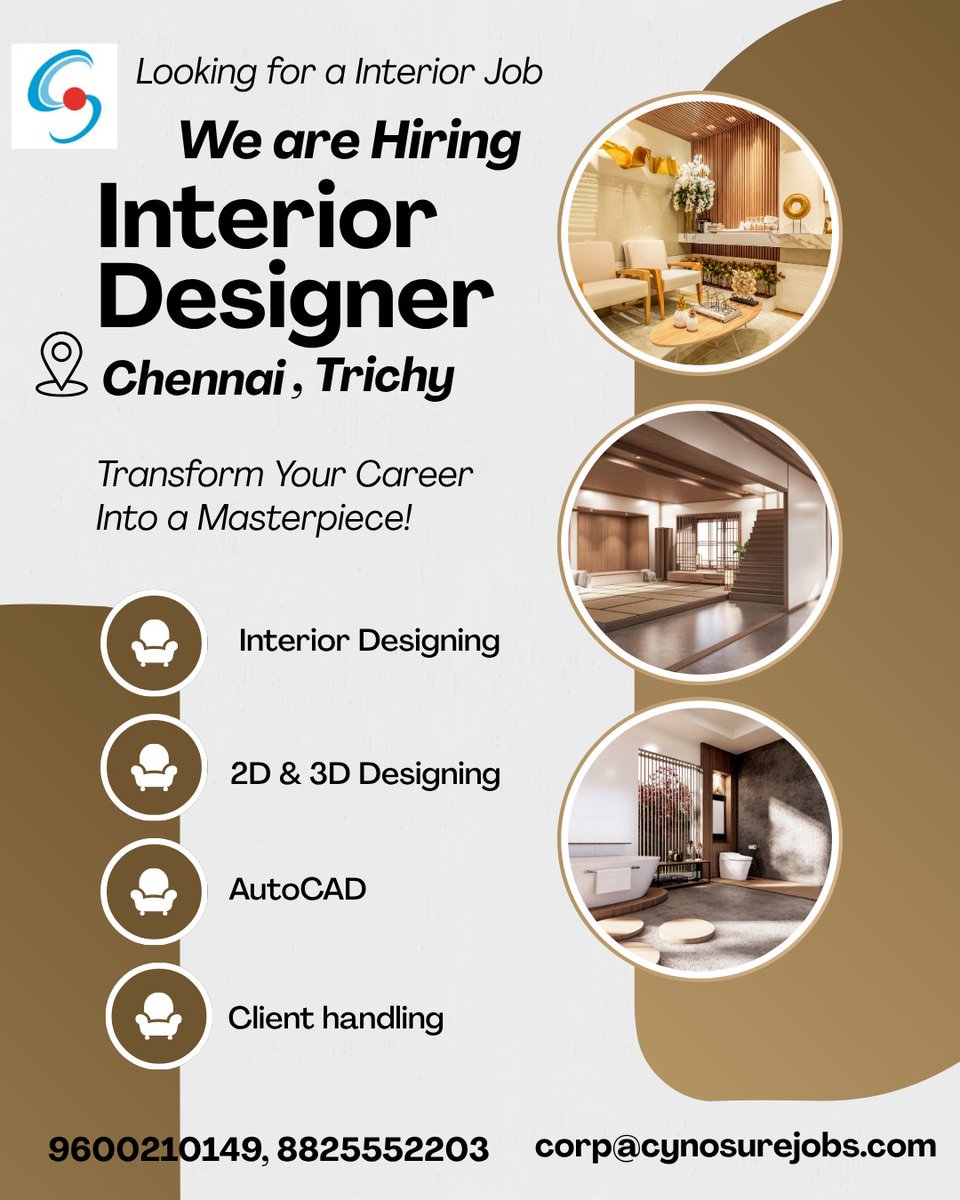 cynosurejobs's tweet photo. Hello Everyone,

We are hiring an interior designer with 1-2 years of experience
Location: Chennai, Trichy

Apply now: https://t.co/IFGqPnwEui 
Email: corp@cynosurejobs.com
Contact: 9600210149

#Interiordesigner #2D #3D #AutoCAD #Clienthandling #cynosurecorporatesolutions #hiring https://t.co/4D61A6EsUd