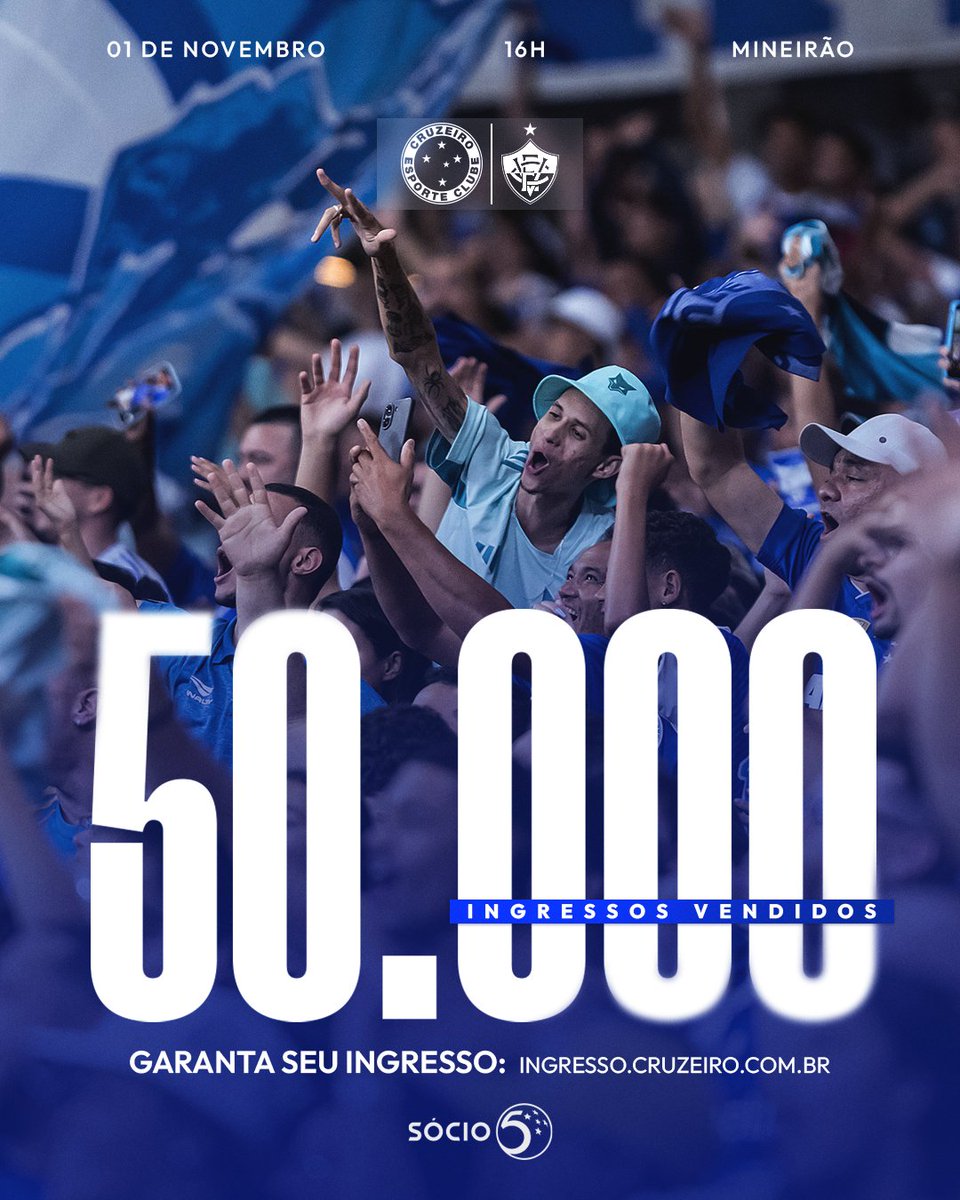 5⃣0⃣ mil no Mineirão!! 🏟️💙

A Nação Azul vai estar presente e cantar do início ao fim! Ainda dá tempo de garantir o seu ingresso. 🦊

🦊 suacara.cruzeiro.com.br
🎟️ bit.ly/4nsGmdP

#CRUxVIT #GrandeCampeão