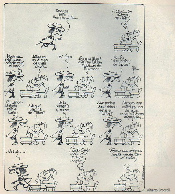 Un dibujo de Oski (1914-1979) visita la tira de "Juan y el Preguntón" de Bróccoli (1943-1985)