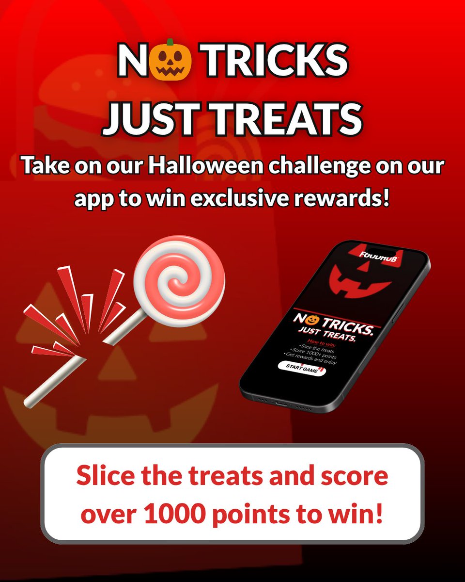 Want to win some Foodhub rewards this Halloween? 👀

Download the app and challenge yourself on our Halloween challenge! Slice the flying treats (avoid the bomb! 💣) and win a reward when you score over 1000 points! 👻

Share you scores onto your story and tag us today! 💯
