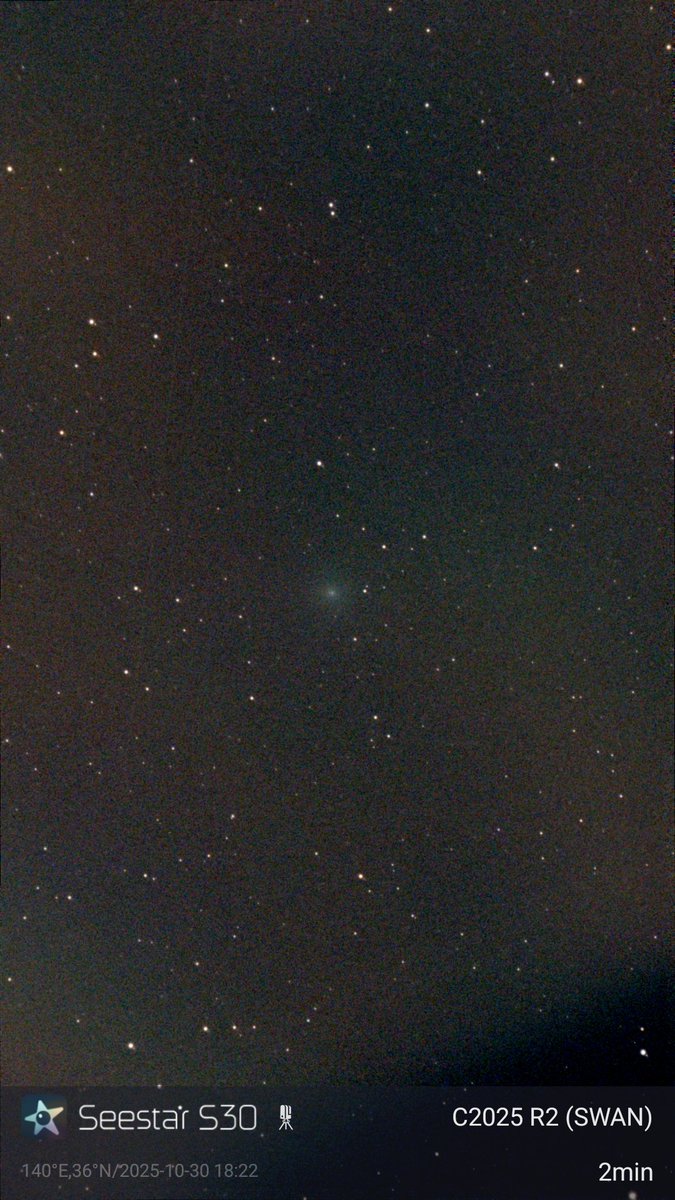 roswell_nm1947's tweet image. #seestars30 #C2025R2SWAN

C/2025R2(SWAN)

天気回復してやっと撮影でけたけど尾がない。