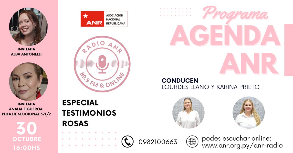 radioanr899's tweet photo. ✨Hoy en AGENDA ANR "Espacio Mujer" compartimos el valioso Testimonio Rosa 🎀 de Alba Antonelli y Analía Figueroa, presidenta de la seccional 371/2 de Villa Elisa.

🤗Además, ¡sortearemos premios maravillosos! En la página oficial de Facebook del Partido. 🚩

⏰ 16:00 a 17:00 https://t.co/ExE8qbj3EQ