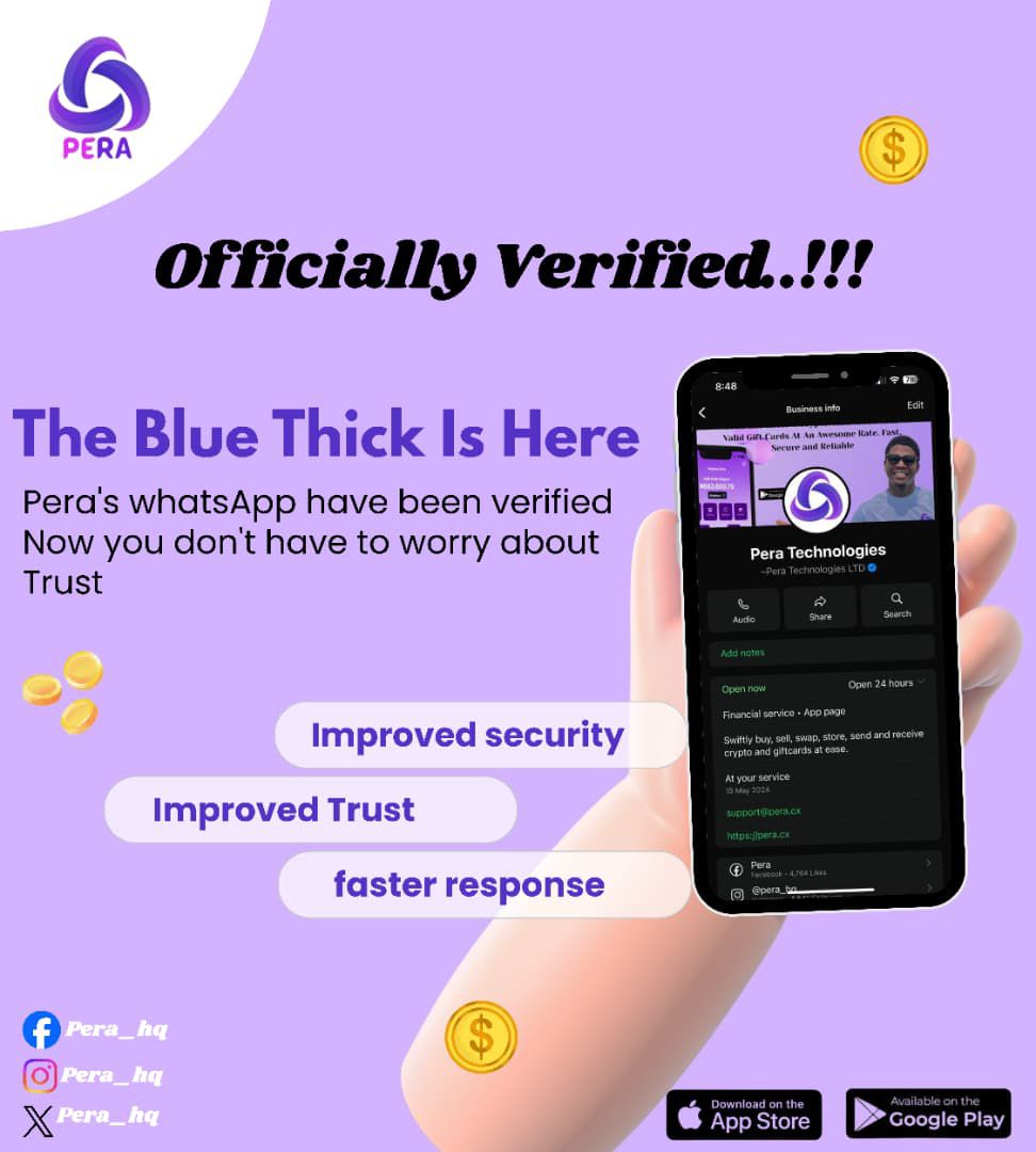 Pera_hq's tweet image. ✅ We’re Officially Verified!
Pera’s WhatsApp is now verified — giving you improved trust, security, and faster support.
Chat with confidence. 💬💙
#perasupport #perahub #pera #tradeatease