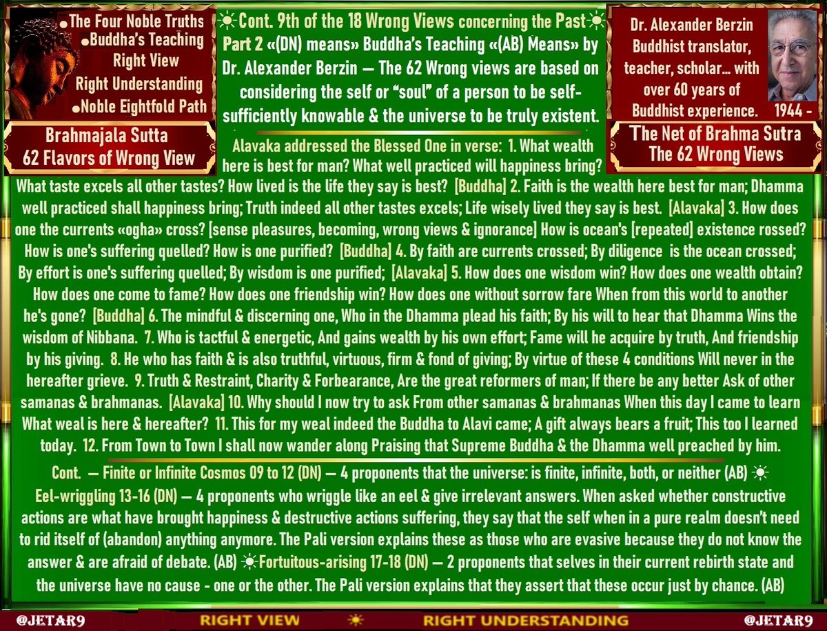 JETAR9's tweet image. #RightUnderstanding #RightView
#Buddha’s Teachings
#Brahmajala Sutta The Net of Brahma Sutra
62 Flavors of Wrong View
Study #Buddhism
The 62 Wrong Views By Dr. Alexander Berzin
☀
(bis) Theorists about the Past
“There are some contemplatives &amp;amp; brahmans who are theorists about the…