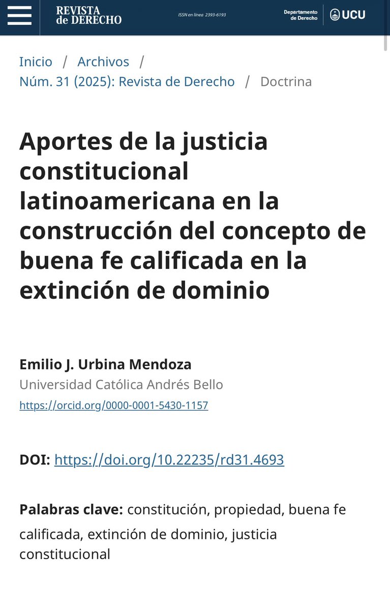 La prestigiosa Revista de Derecho, de la Universidad Católica del Uruguay, publicó un reciente trabajo nuestro. Se intitula Aportes de la justicia constitucional latinoamericana en la construcción del concepto de buena fe. revistas.ucu.edu.uy/index.php/revi…