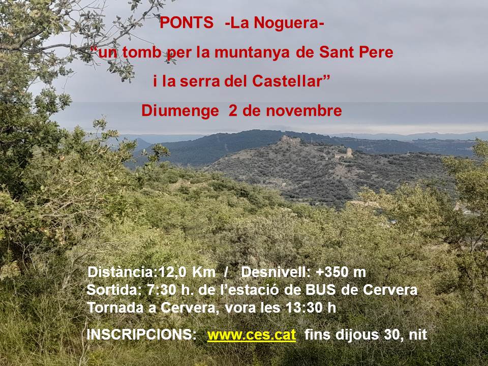 Diumenge 2 de Novembre: Sortida al Tossal de les Forques (Ponts)

Inscripcions: fins avui dijous (30/10) a la nit: forms.gle/UmTeeS2K37QYjx…

Més info: instagram.com/p/DQbwO4JiJX7/
