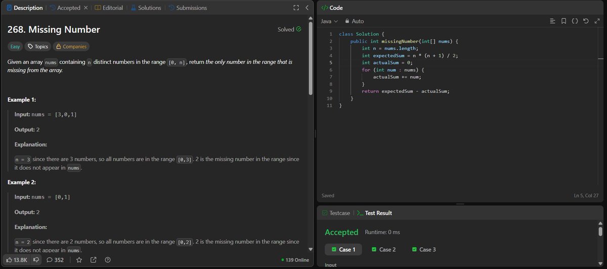 rituu_09's tweet image. Day 303 of 2025:                        
👩‍💻 Code to Crack Companies!  
🧩 Q5: Find Missing Number in an Array
🧩 Q6: Count Elements With Maximum Frequency
#CodingJourney #PlacementPrep #2025Goals #leetcode #letsconnect