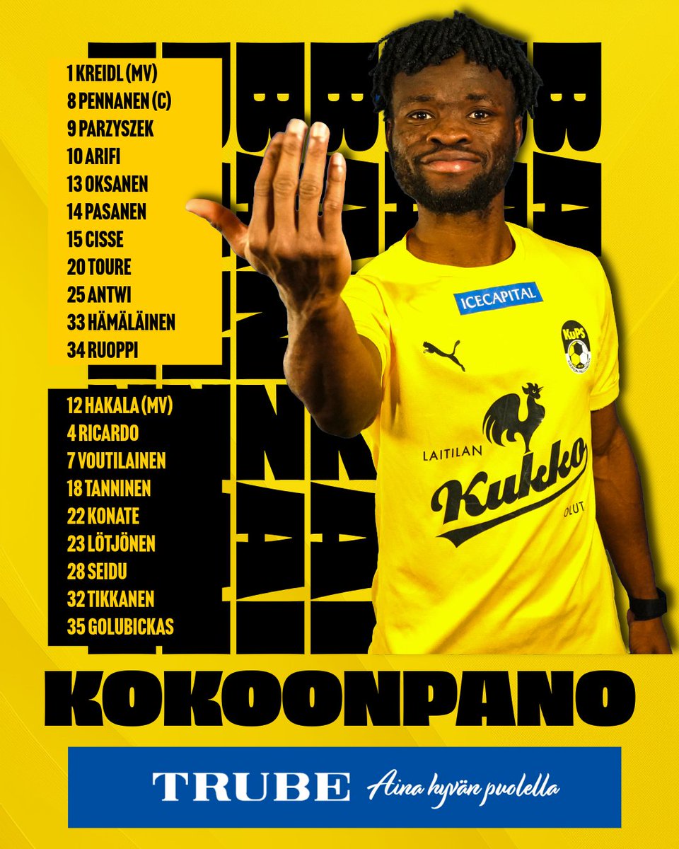 Kuopion Palloseura Väre Areenalla tänään! 💛🖤 

🆚 KuPS – IF Gnistan
🗓 To 30.10. klo 18.00
🏟️ Väre Areena
📺 Ruutu+
🎟 Liput: kups.fi/paasyliput

🤝 Kokoonpanon tarjoaa Trube