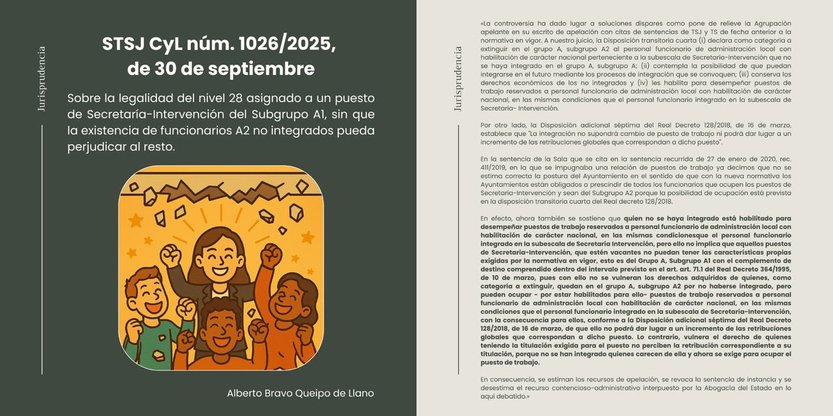 📌STSJ CyL núm. 1026/2025, de 30 de septiembre

✅Los puestos de Secretaría-Intervención son A1, por lo que pueden tener nivel superior al 26.

⚠️La existencia de funcionarios A2 no integrados no puede vulnerar los derechos del resto.

poderjudicial.es/search/AN/open…

#FHCN