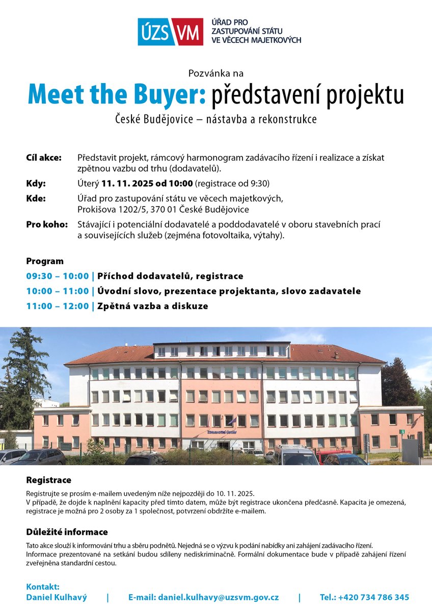 ÚZSVM zve všechny stávající i nové dodavatele v oboru stavebních prací na setkání, na němž bude představen projekt nástavby a rekonstrukce sídla úřadu v Českých Budějovicích.

Akce se uskuteční v úterý 11. 11. 2025 v sídle ÚZSVM v Českých Budějovicích.

Více informací níže ⬇️