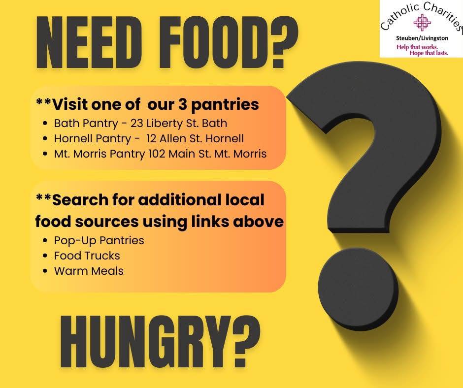 We're Here for You! Our Pantries are open and ready to support families in need. Visit one of our pantries listed below,  to find additional food sources:
Livingston - foodlinkny.org/find-food/
Steuben - foodbankst.org/find-food/

#CommunitySupport #FoodPantry #WeCare