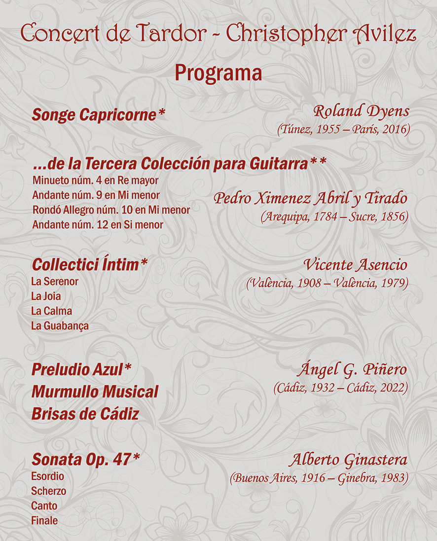 Recital de guitarra clàssica de Christopher Avilez a Badalona. Dissabte dia 1 a les 20:00 h a l'Església dels Pares Carmelites. Entrada lliure! <a href="/culturaBDN/">Cultura Aj. Badalona</a> <a href="/bdncom/">Badalona Comunicació</a> <a href="/AgendaConcertsC/">AgendaConcerts.CAT</a>  <a href="/AgendaCultura/">Agenda Cultural de Catalunya</a>  <a href="/avcentrebdn/">AV Centre</a>