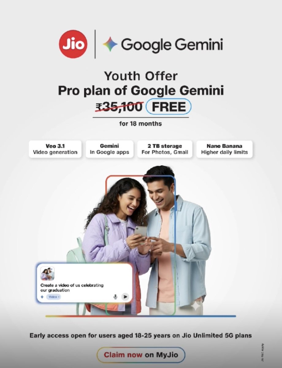 Jio Youth Offer! If you’re between 18–25 years, claim the #GoogleGemini Pro Plan for free through the MyJio app.

<a href="/reliancejio/">Reliance Jio</a>