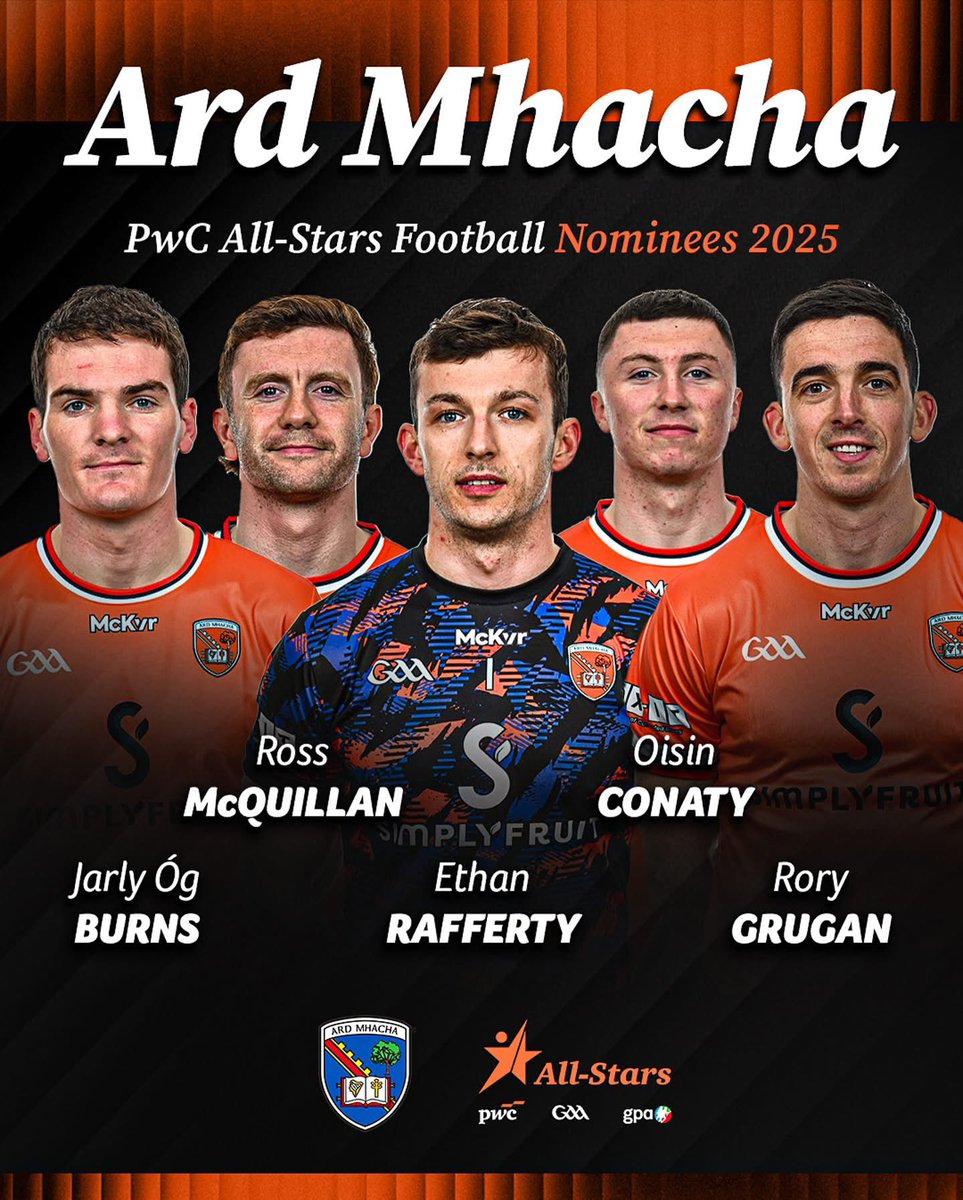 Congratulations to Jarly Og, Ross, Ethan, Oisin and Rory on being shortlisted for this years All-Stars ⭐️

Good luck lads 🍀

🟠⚪️