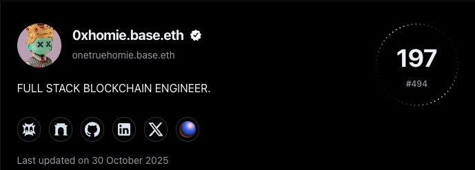 OneTrueHomie's tweet image. Closing in on 200 builder score on @TalentProtocol

Been building, breaking, fixing, and learning everything I can about this space , developing normal, decentralized and even mini-apps from smart contracts to full stack systems on @base and across other EVM blockchains.

Each…