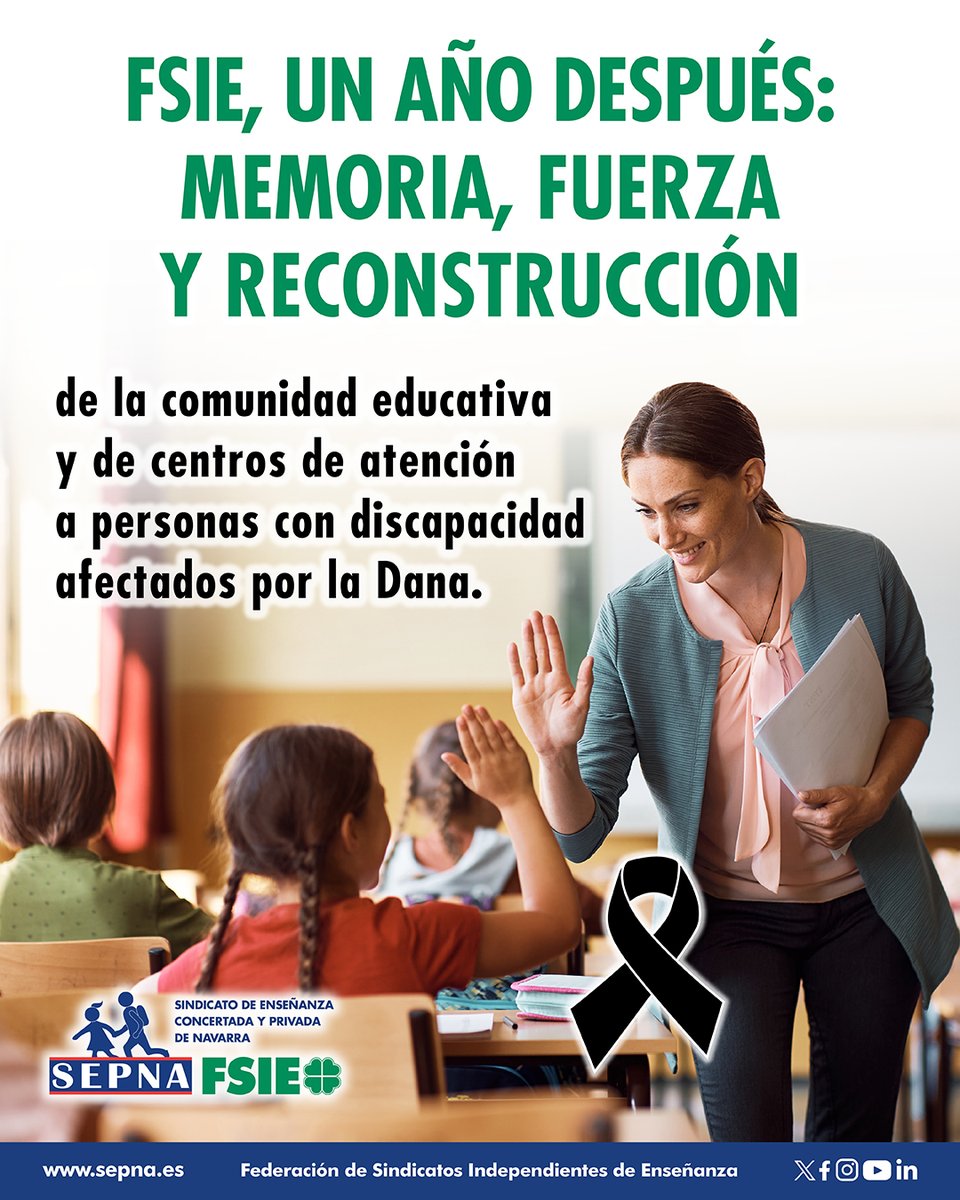 SEPNA FSIE se une una vez más al dolor y al recuerdo de todas las familias de las víctimas y de los afectados por la terrible catástrofe que, hace ahora un año, golpeó duramente a la Comunidad Valenciana, Castilla-La Mancha, Andalucía y otras comunidades autónomas.