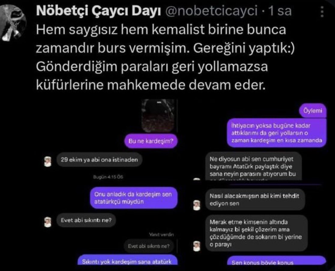 Eskişehir'de bir şahıs, 29 Ekim Cumhuriyet Bayramı'nda Atatürk paylaşımı yapan öğrencinin bursunu kesip, geriye dönük ödeme istedi.

Şahıs, gelen tepkiler üzerine X hesabını kapattı.