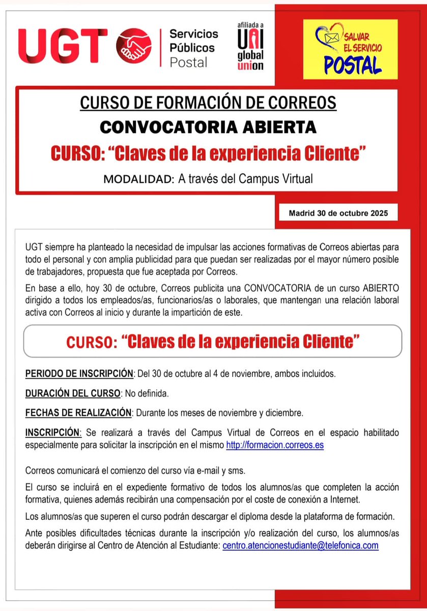 ugtcorreoscat's tweet photo. 🔴 Curso de formación de Correos.
🔴 Curso: "Claves de la experiencia Cliente"
#correos #Correos #ugtcorreos
@ugtcatalunya @ugt_sp_cat https://t.co/8Ts0DaJEx8