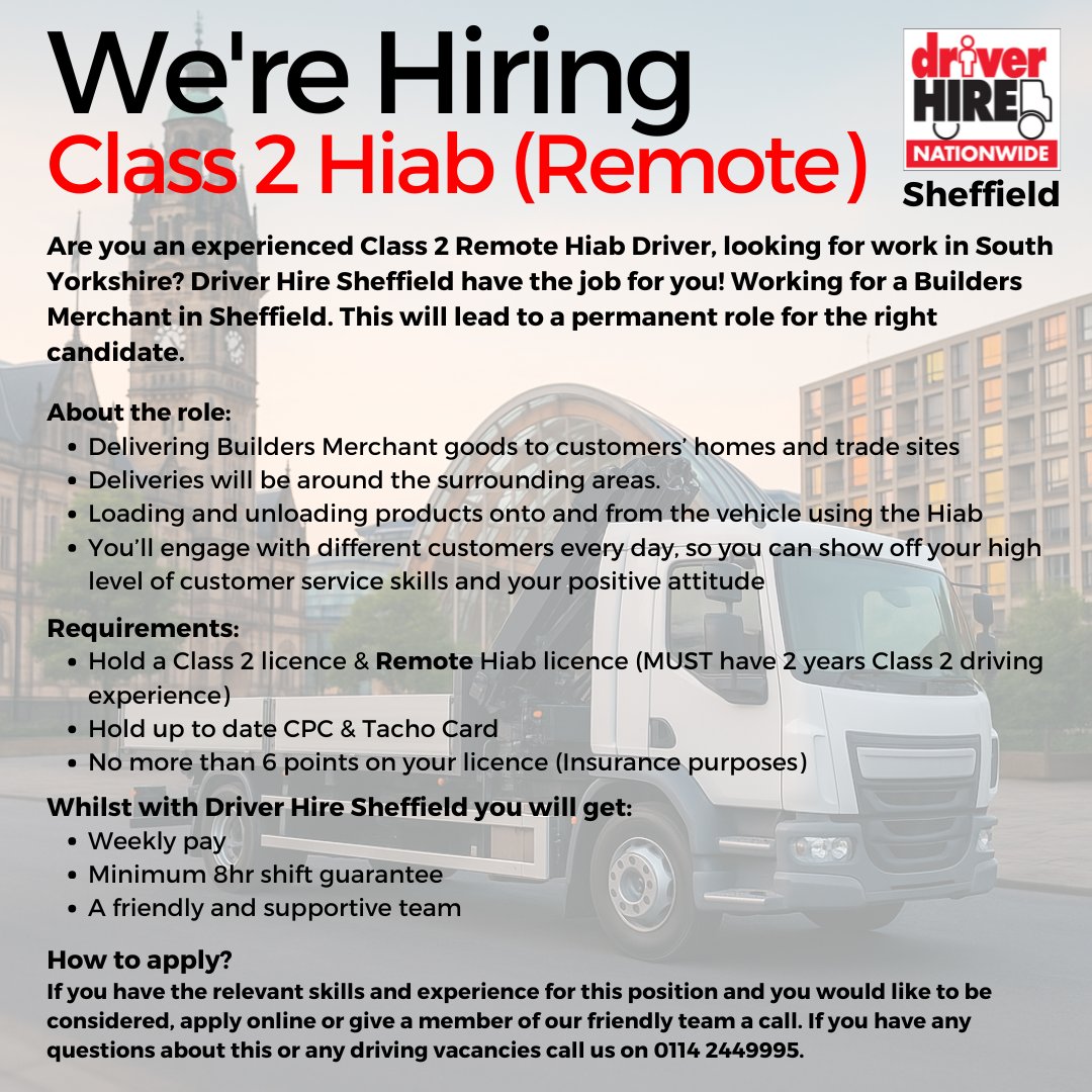 DriverHireSheff's tweet image. 📷FULL TIME CLASS 2 HIAB ROLE 📷
We have been asked to recruit for one of our clients in Sheffield. If you have the relevant licences get in touch 📷 0114 244 9995 or to apply click the link...
driverhire.co.uk/job/class-2-hi…
#class2hiab #FullTimeWork #class2driverwanted #SheffieldJobs