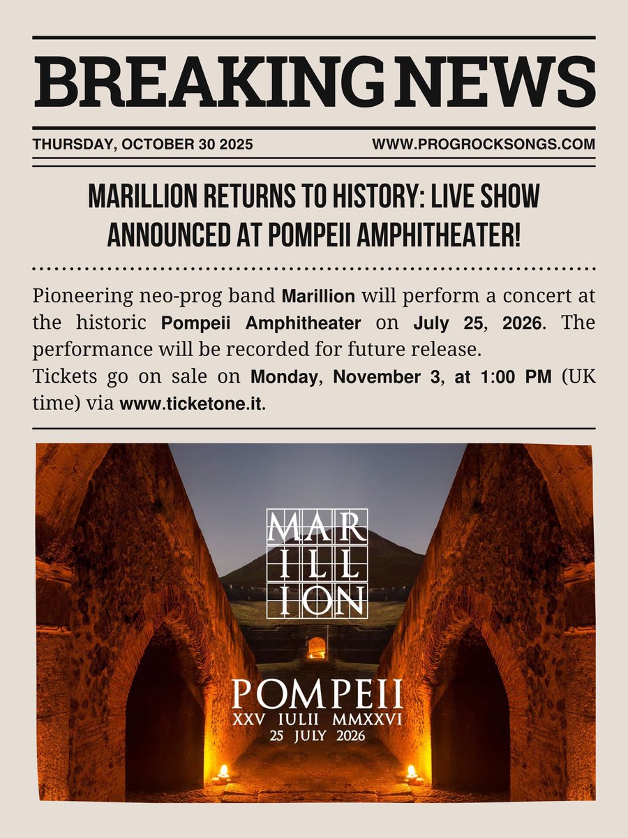 𝗠𝗔𝗥𝗜𝗟𝗟𝗜𝗢𝗡 𝗥𝗘𝗧𝗨𝗥𝗡𝗦 𝗧𝗢 𝗛𝗜𝗦𝗧𝗢𝗥𝗬: 𝗟𝗜𝗩𝗘 𝗦𝗛𝗢𝗪 𝗔𝗡𝗡𝗢𝗨𝗡𝗖𝗘𝗗 𝗔𝗧 𝗣𝗢𝗠𝗣𝗘𝗜𝗜 𝗔𝗠𝗣𝗛𝗜𝗧𝗛𝗘𝗔𝗧𝗘𝗥!
-
Pioneering neo-prog band 𝗠𝗮𝗿𝗶𝗹𝗹𝗶𝗼𝗻 will perform a concert at the historic 𝗣𝗼𝗺𝗽𝗲𝗶𝗶 𝗔𝗺𝗽𝗵𝗶𝘁𝗵𝗲𝗮𝘁𝗲𝗿 on 𝗝𝘂𝗹𝘆 𝟮𝟱,