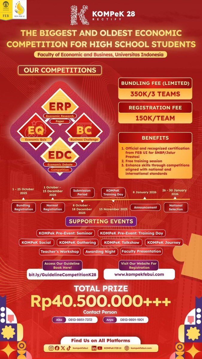 The bundling promo has ended, but the journey to #KOMPEK28 is just getting started! 🌟
Open registration is still open for all participants ready to compete and innovate in the field of economics 📊

🚀Register now at [kompekfebui.com]🚀