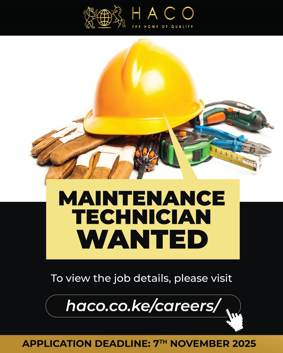 We’re hiring! 👷🏽‍♂️
Join HACO Industries as a Maintenance Technician and help us keep excellence in motion.
Apply now 🔗 haco.co.ke/job-opportunit…
Deadline: 7th Nov 2025
#NowHiring #JobAlert #HACOIndustries