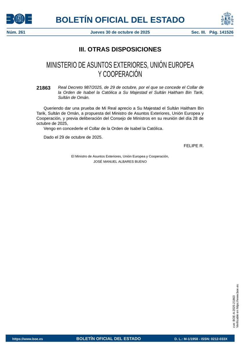 🔴 | Los Reyes Felipe VI y Doña Letizia recibirán al sultán de Omán en el marco de una visita de Estado, previsiblemente el 4 de noviembre. Esa misma noche se celebrará una cena de gala en el Palacio Real de Madrid en la que el sultán recibirá el Collar de la Orden de Isabel la