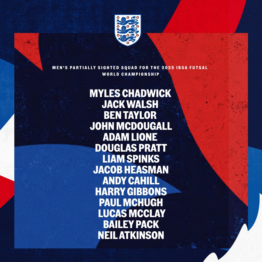 The England men's squad for the 2025 IBSA Partially Sighted Futsal World Championship has been named 💪

The tournament, which takes place in Türkiye, gets underway on 5 November.

👉 eng.football/h9054d