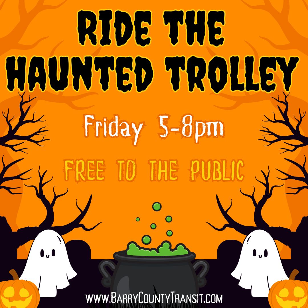 BarryCoTransit's tweet image. Hop aboard Barry County Transit’s Haunted Trolley this Friday from 5–8 PM! Head to the Hastings Airport for some trick-or-treating fun, and ride along with the Transit for even more spooky good times. Free to the public! #barrycountytransit #hastingsmi- mailchi.mp/6b1bb22c491c/2…