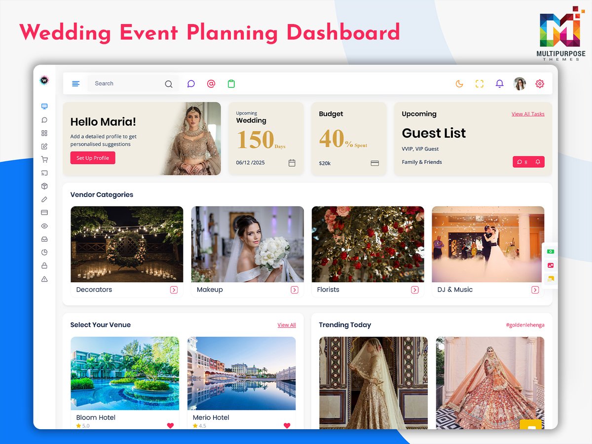 MultiStoreTheme's tweet image. Wedding Planner Dashboard for Event Management &amp;amp; Client Coordination
.
Buy Now: themeforest.net/item/wedplan-b…
.
.
#weddingplanner #dashboard #admindashboard #eventmanagement #uiux #planning #bride #groom #weddingdesign #management #vendors #organizer #planner