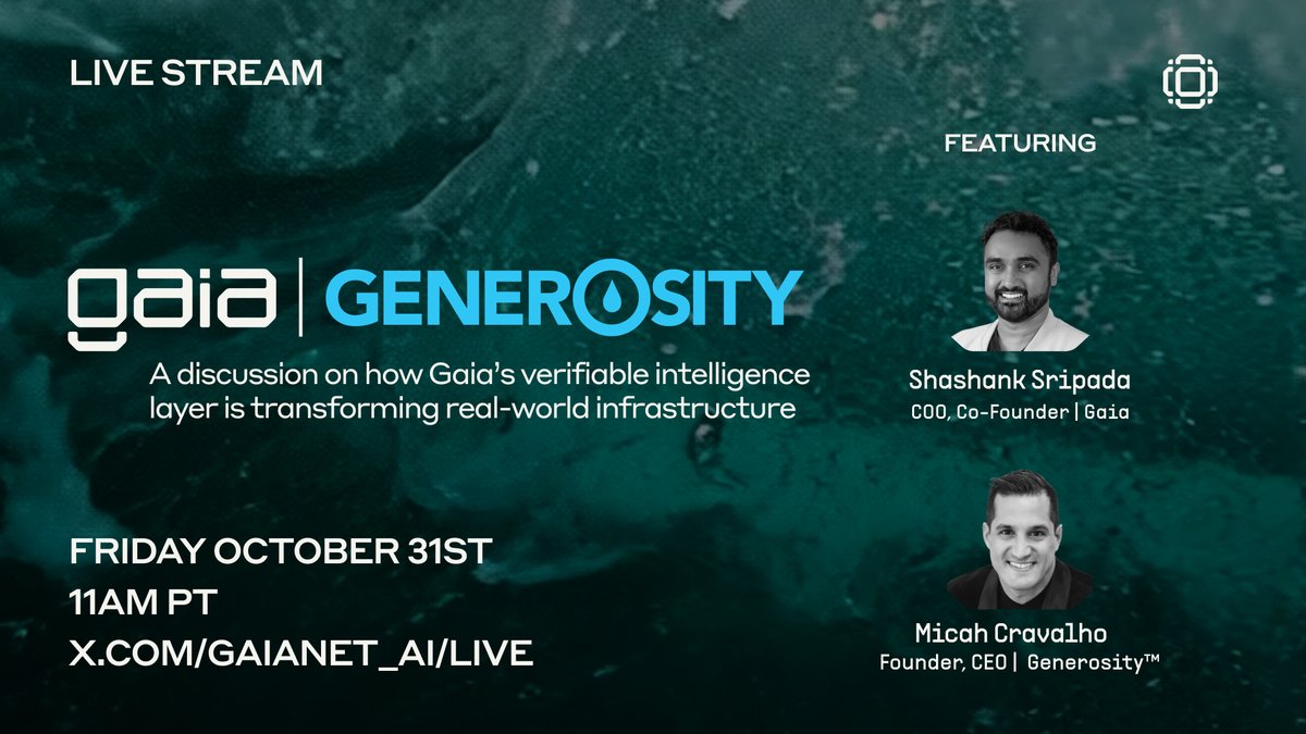 Gaianet_AI's tweet image. Tune in tomorrow as our COO @shankuverymuchx &amp;amp; @GenerosityWater co-founder Micah Cravalho go live to talk about how Gaia’s technology is powering real-world infrastructure.

🚨 Friday 10/31 – 11am PT 🚨
🔗 x.com/Gaianet_AI/live