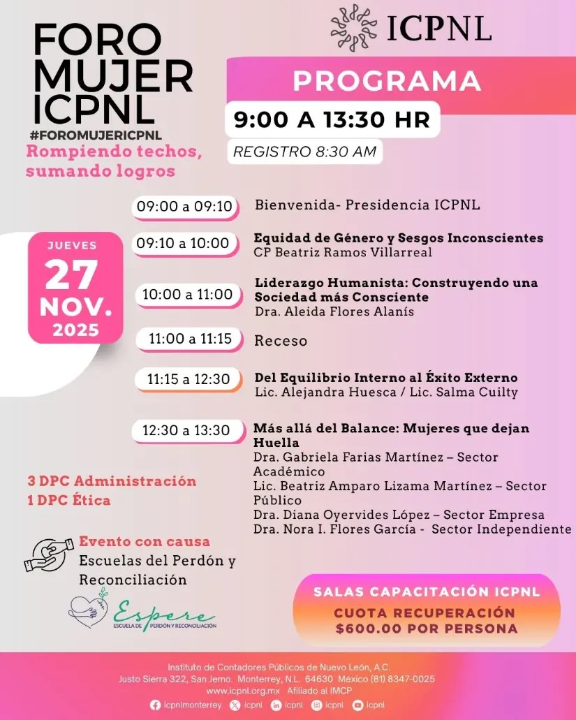 🌸 Foro Mujer ICPNL 2025 ✨ Rompiendo techos, sumando logros.

📆 27 Noviembre 📆 9:00 a 13:30 hr
📌 Presencial en ICPNL
💝 Evento con causa

🖋️ Registro: icpnl.org.mx/r/PzS

#ICPNL #ForoMujerICPNL