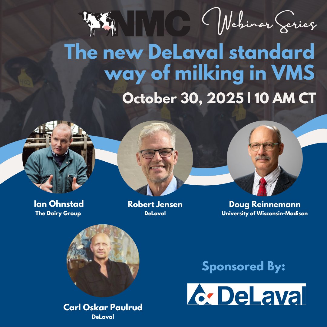 🖥️NMC Webinar Series - October 30, 10 AM CT (Chicago time)

✅The new <a href="/DeLaval/">DeLaval</a> standard way of milking in VMS (voluntary milking system)

✅Register: bit.ly/3L4cx5A

#NMC #Webinar