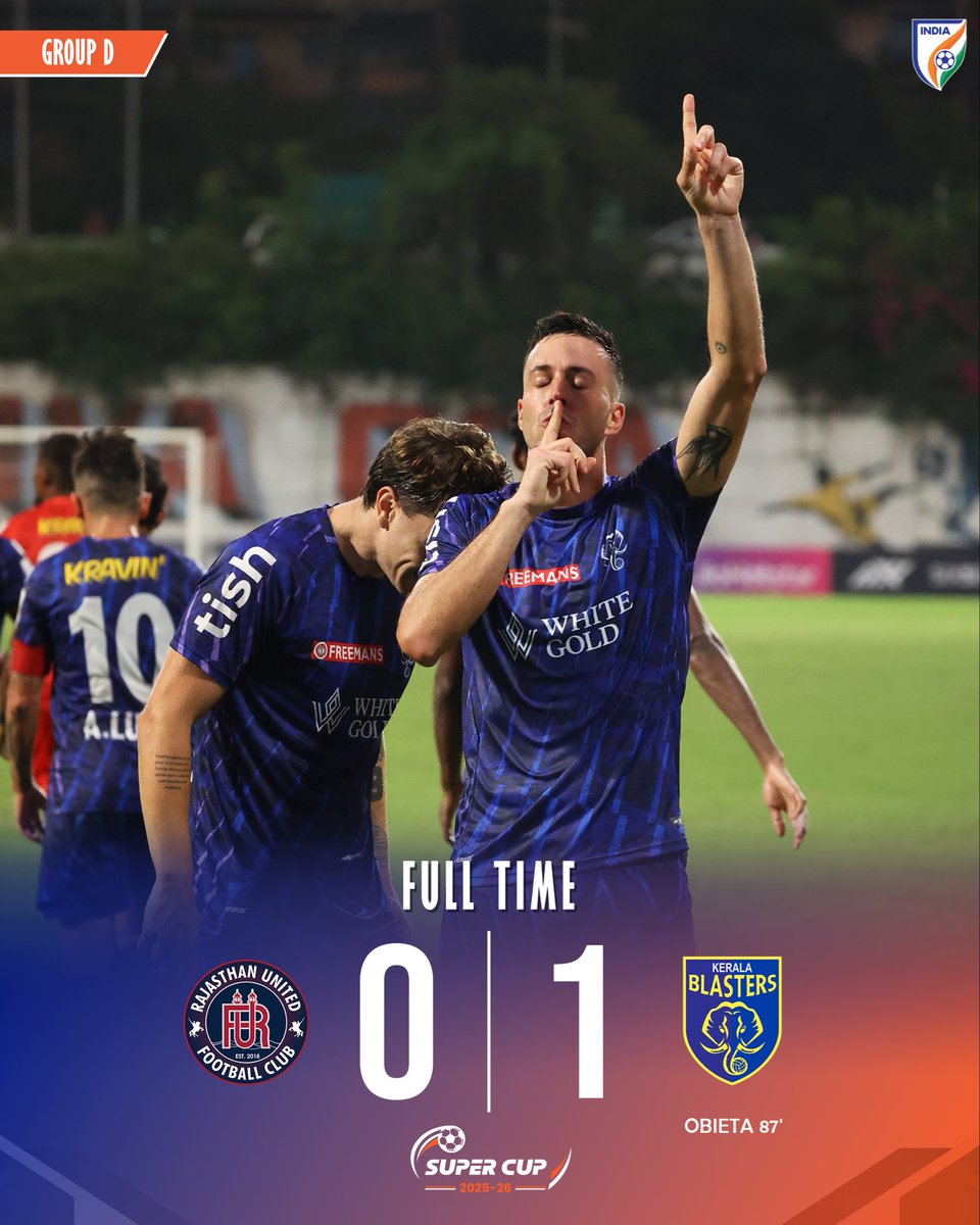 IndianFootball's tweet photo. Obieta’s late header does the job for @KeralaBlasters! ☝️

#RUFCKBFC #AIFFSuperCup #IndianFootball ⚽️ https://t.co/A0pxPjCkGU