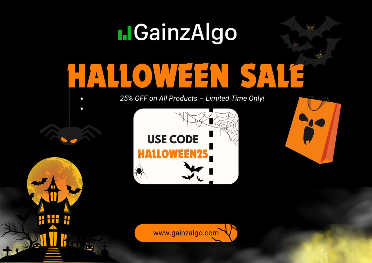 gainzalgo's tweet image. 👻 Spooky season — 25% OFF All GainzAlgo Products!

This Halloween, we’re giving traders more than just treats. Enjoy a Flat 25% Discount on top of the existing 80% OFF across all GainzAlgo plans. 🪄

Use discount code HALLOWEEN25 at checkout.
⏳ Offer available for a limited…