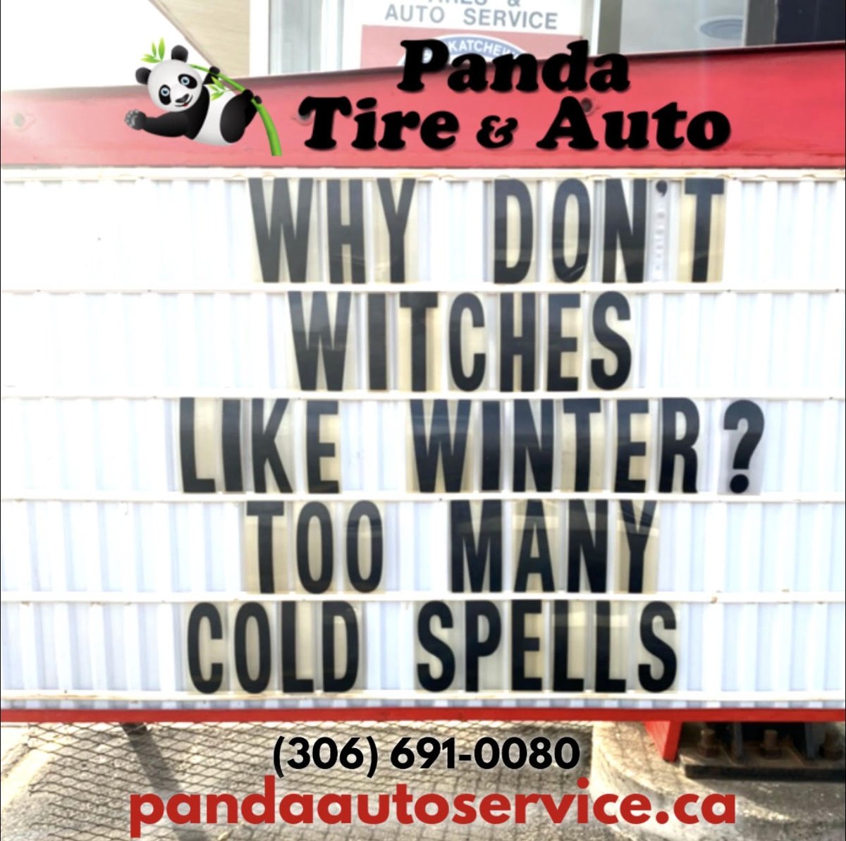 What do you learn in witch school?
Spelling

Have a safe, fun and Happy Halloween!
306-691-0080
Book online:
pandaautoservice.ca
#pandatire #moosejaw #hometownservice #halloween #trickortreat #witch #winter #spell