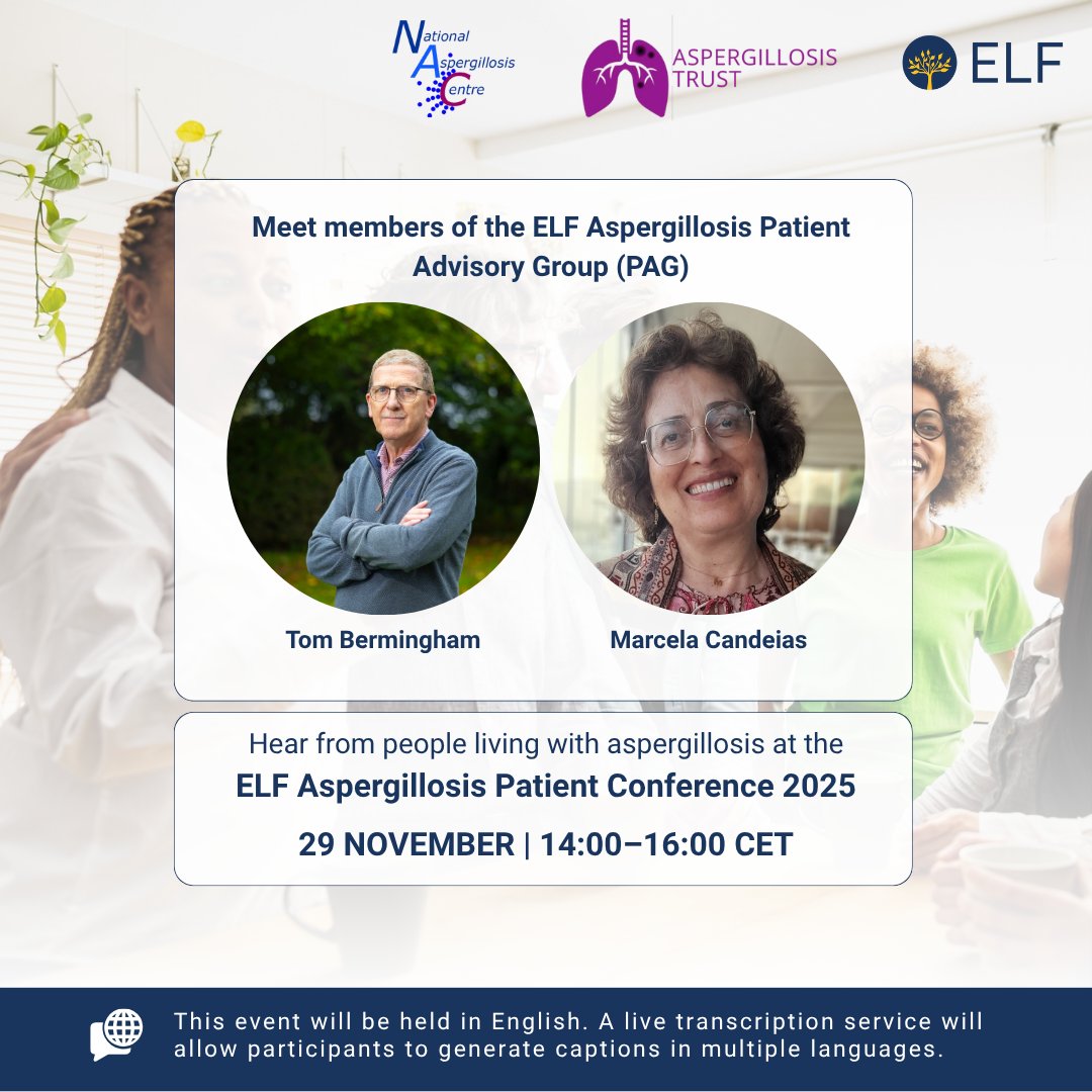 💬 Meet speakers from our ELF Aspergillosis Patient Conference on 29 November!

Tom and Marcela will represent the Aspergillosis Patient Advisory Group and have shared their stories.

Tom’s story: europeanlung.org/en/news-and-bl…

Marcela’s story: europeanlung.org/en/news-and-bl…