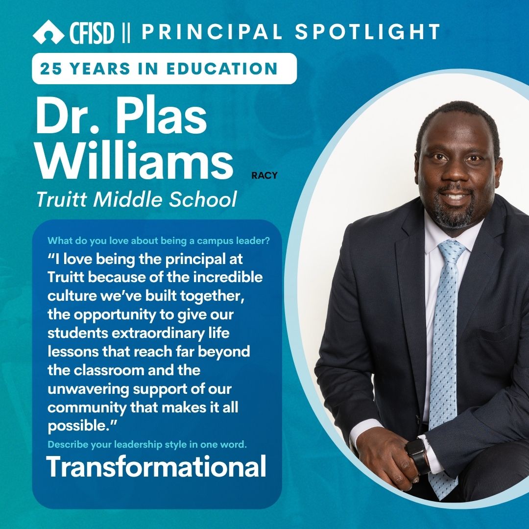 At <a href="/truittcfisd/">Truitt Middle School</a>, Dr. Plas Williams draws on four years of experience as a principal in CFISD to inspire students and staff every day! 
Thank you, Dr. Williams! #CFISDSpirit 🎉 #ChooseCFISD #ThankaPrincipal
