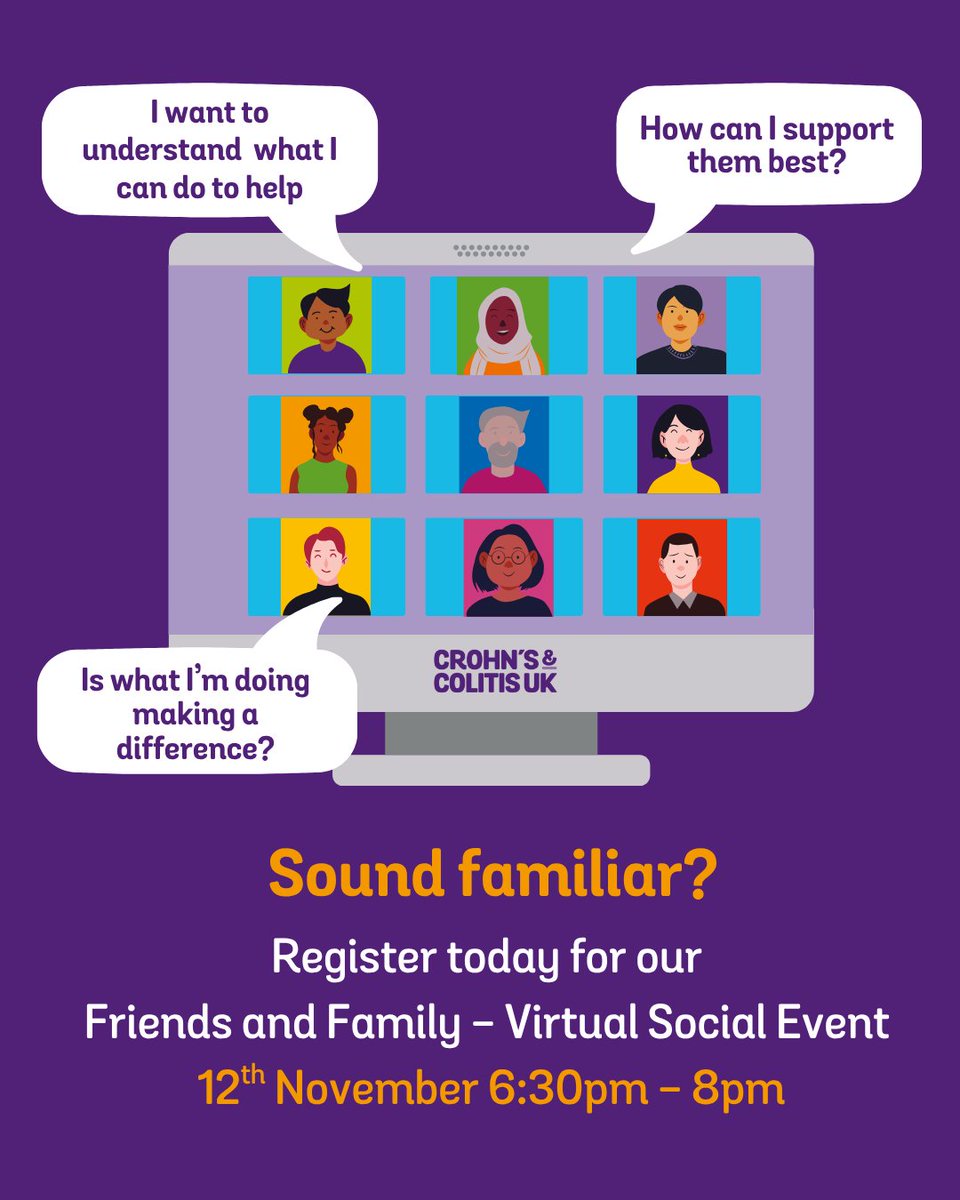 Does your friend, partner or family member live with Crohn’s or Colitis? If they do, please join us at our Friends and Family virtual social event on 12th November at 6.30pm. It will be a chance to chat and potentially learn from others.

Register Today: crohnsandcolitis.org.uk/virtual-social…