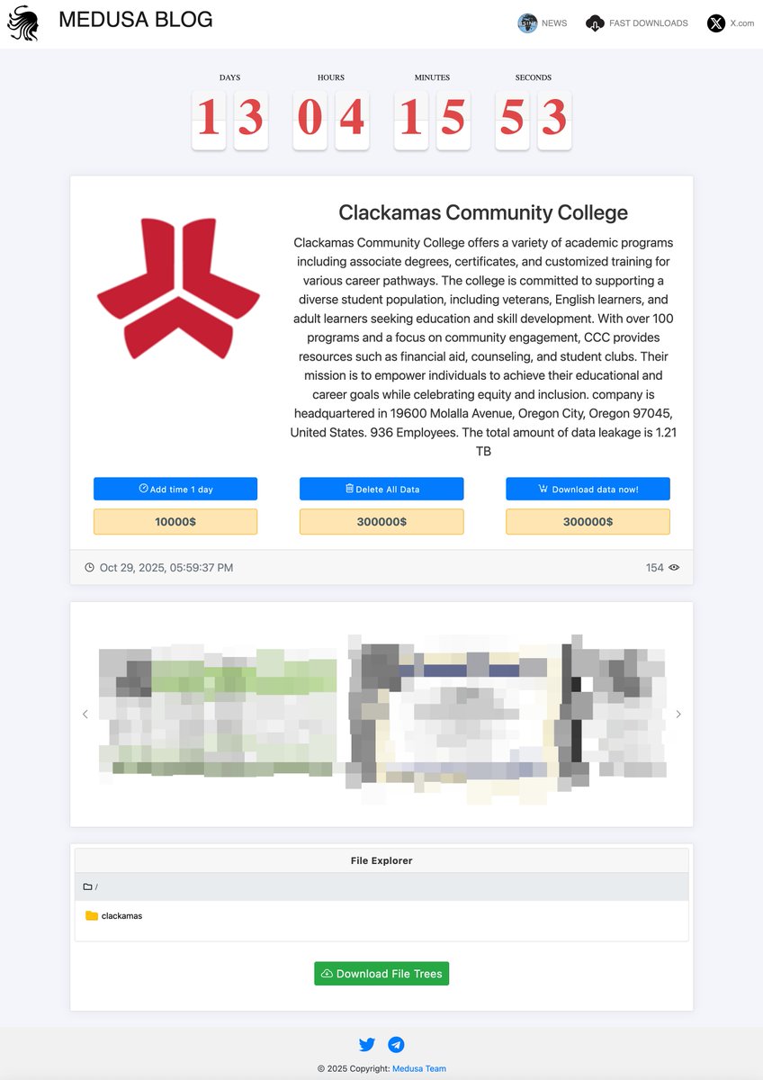 _venarixES_'s tweet image. El grupo #Medusa #ransomware habría #hackeado a Clackamas Community College (@ClackCollege), una institución pública educativa en #Oregon, #USA 🇺🇸...
Este sería el 2.º #ciberataque que experimenta #ClackamasCommunityCollege...
Monitorea este incidente en #VenariX ➡️…