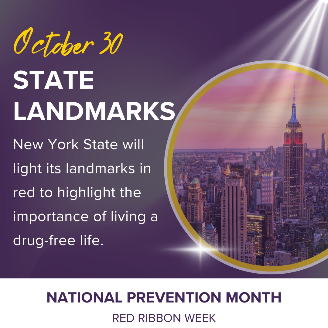 NYSOASAS's tweet image. Some of New York's most iconic landmarks will be illuminated in red tonight (October 30) to highlight the importance of living a drug-free life. oasas.ny.gov/event/october-… #PreventionWorks #RedRibbonWeek