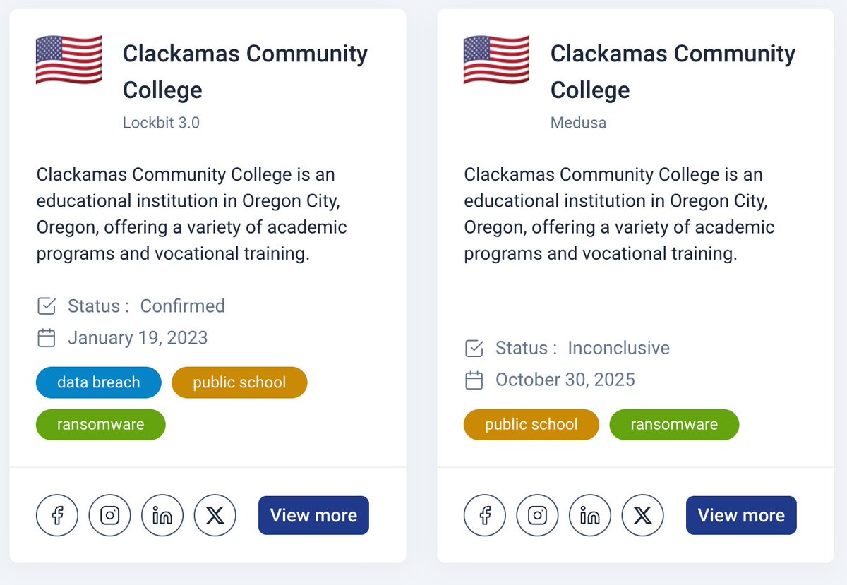 _venarixES_'s tweet image. El grupo #Medusa #ransomware habría #hackeado a Clackamas Community College (@ClackCollege), una institución pública educativa en #Oregon, #USA 🇺🇸...
Este sería el 2.º #ciberataque que experimenta #ClackamasCommunityCollege...
Monitorea este incidente en #VenariX ➡️…