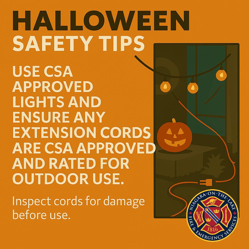 NOTLfiredept's tweet image. 🔥 Halloween Safety Tip:
Use CSA-approved lights &amp;amp; outdoor-rated cords. Keep cords off walkways and inspect for damage before use.
#HalloweenSafety #FireSafeHalloween #NOTLFire #SafetyTips