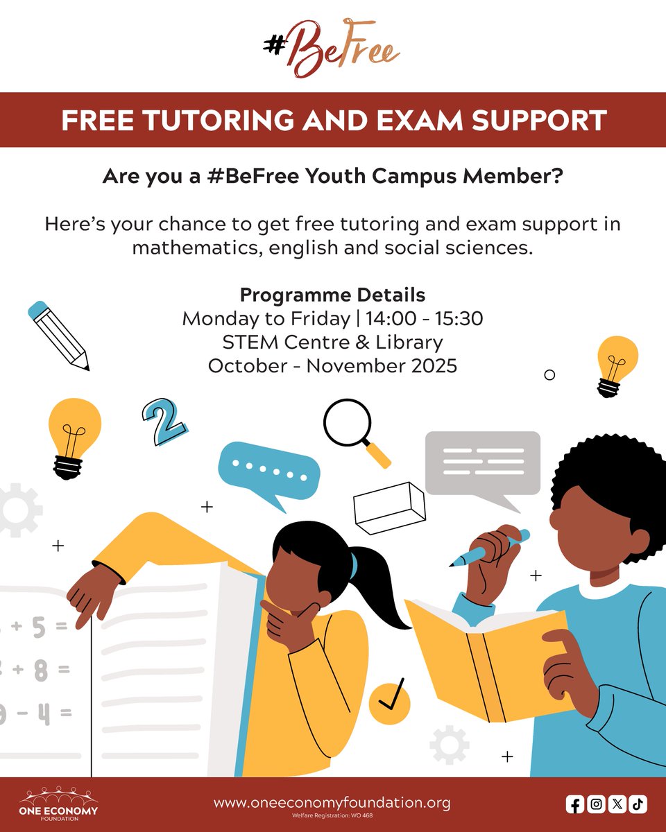 Dear #BeFree Youth Campus members!

Get tutoring in Maths, English &amp; Social Sciences! Join us Mon–Fri, 14:00–15:30 at the STEM Centre &amp; Library.

Let’s ace those exams together!

#PoweredByYouth🚀