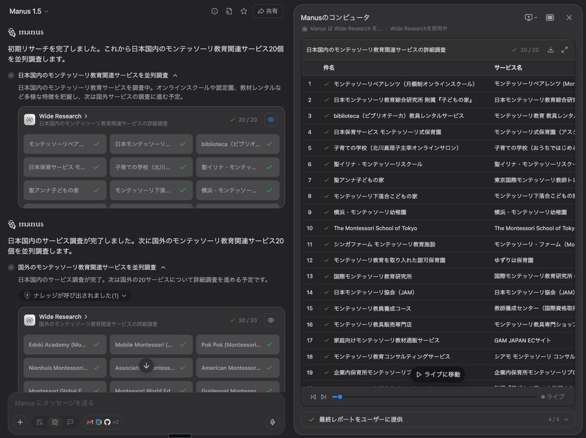 taichi_owl's tweet photo. ManusのWideResearchとてもいい！！
通常のAIサーチはひとつのエージェントが、ひとつひとつのサイトを順々に調べていくんだけど、複数エージェントが同時にサーチするから早いし精度も高いとのこと！
進化が凄すぎるな。

@ManusAI_JP @ManusAI 
#ManusWideResearch https://t.co/ktgDGcFAbI