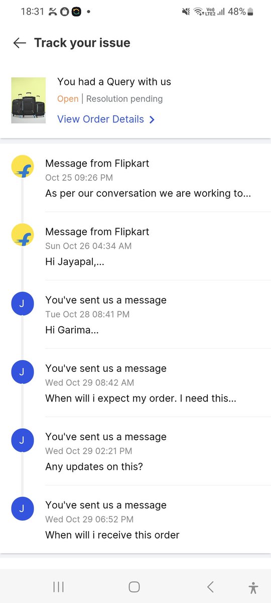 vincentjayapal's tweet photo. @flipkartsupport @Flipkart @_Kalyan_K Any solution for this? I didn't even receive a single updates. https://t.co/CkQ6nqx8Mv