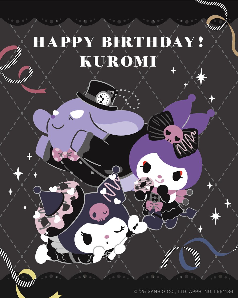 今日は『#クロミ』のお誕生日！💜

◠◠◠◠◠୨♡୧◠◠◠◠◠
 　　　 クロミ 　　
  𝐇𝐀𝐏𝐏𝐘 𝐁𝐈𝐑𝐓𝐇𝐃𝐀𝐘！
◡◡◡◡◡୨♡୧◡◡◡◡◡

ロミナとバクもお祝いにしにきてくれたみたい🎀
サイコーな1年にしてね★

💜allheartscompany.com/kuromi_makkuro…
#クロミのまっくろスイーツフェスティバル