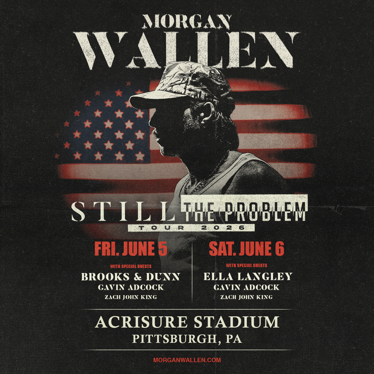 You don't want to miss Morgan Wallen when he comes to Acrisure Stadium on June 5, 2026 with special guests Brooks &amp; Dunn, Gavin Adcock and Zach John King and June 6, 2026 with special guests Ella Langley, Gavin Adcock and Zach John King! audacy.com/y108/events/mo…